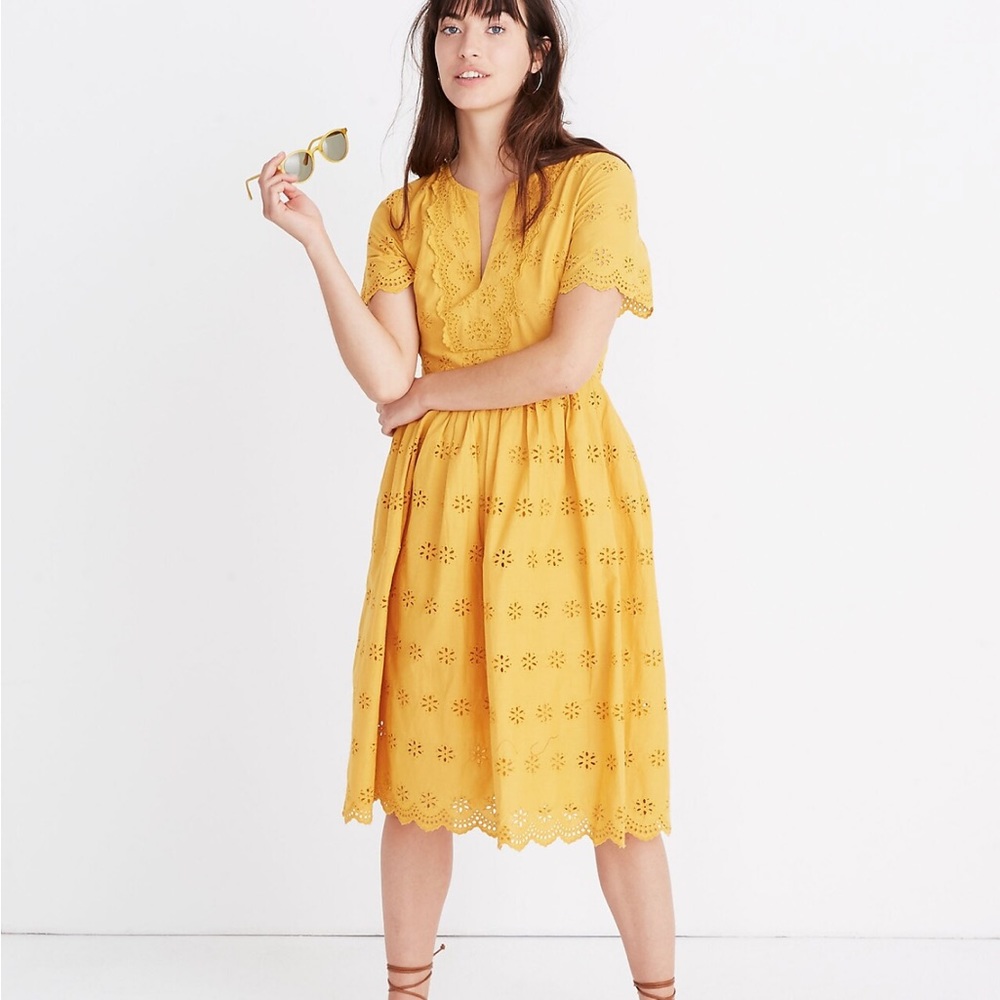 Madewell Scalloped Eyelet Midi Dress size 8P yellow gold  lace wedding guest